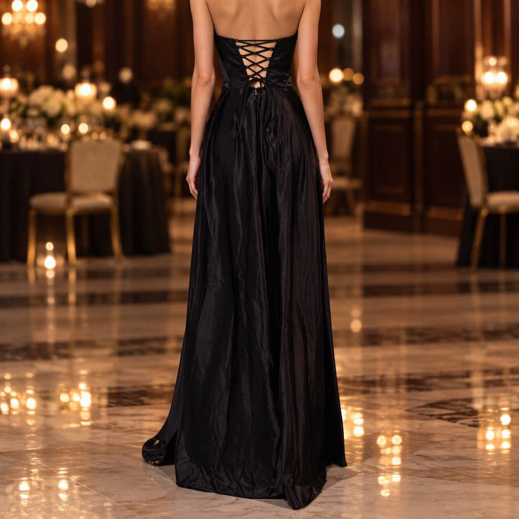 Women's Black Satin Evening Dress Entry Lux Elegant Slim Fit Rhinestone Dress