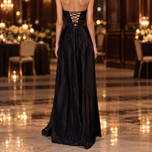 Black Satin Evening Dress Entry Lux Elegant Slim Fit Rhinestone Dress