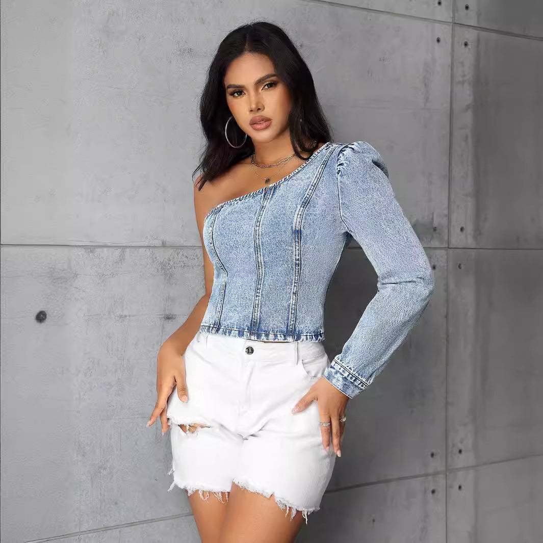 Women's Asymmetric One-Shoulder Denim Top