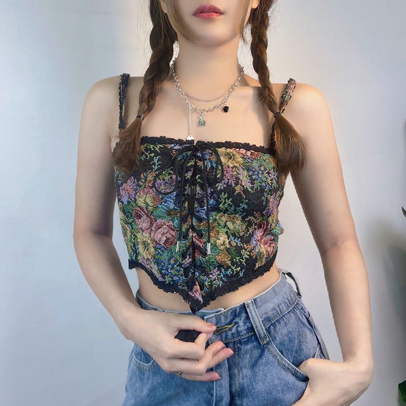 Women's Floral Lace-Up Embroidered Tube Top
