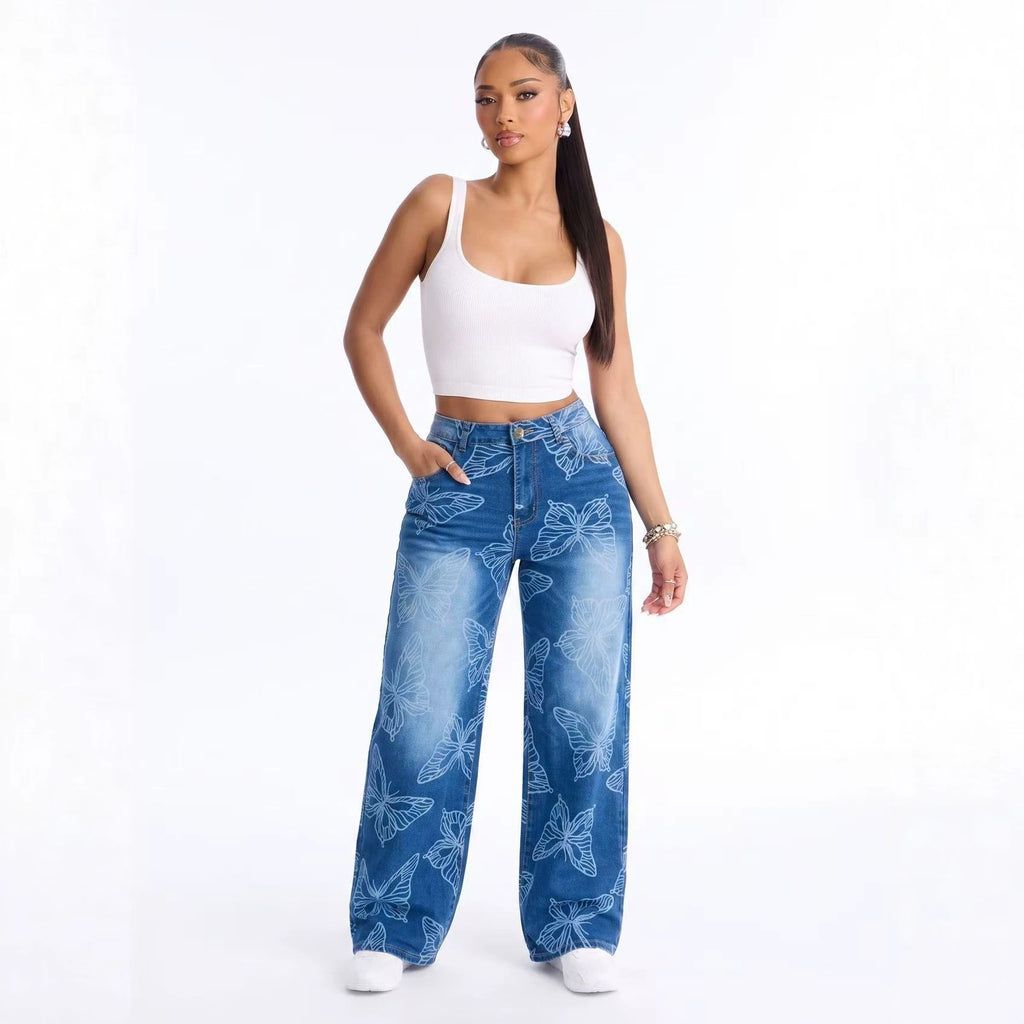 Women's Butterfly-Print High-Waist Straight Jeans