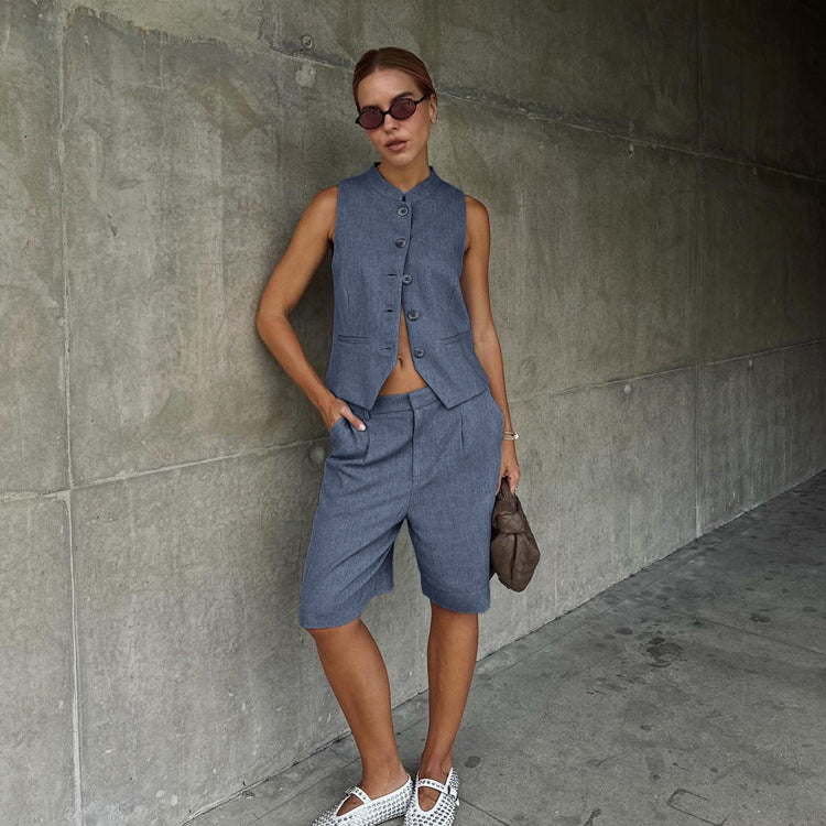 Blue Sleeveless Vest Set