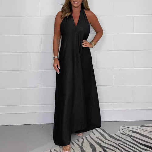 Spring Summer Women Clothing Deep V Plunge Neck T Shape Back Sleeveless Elegant Dress