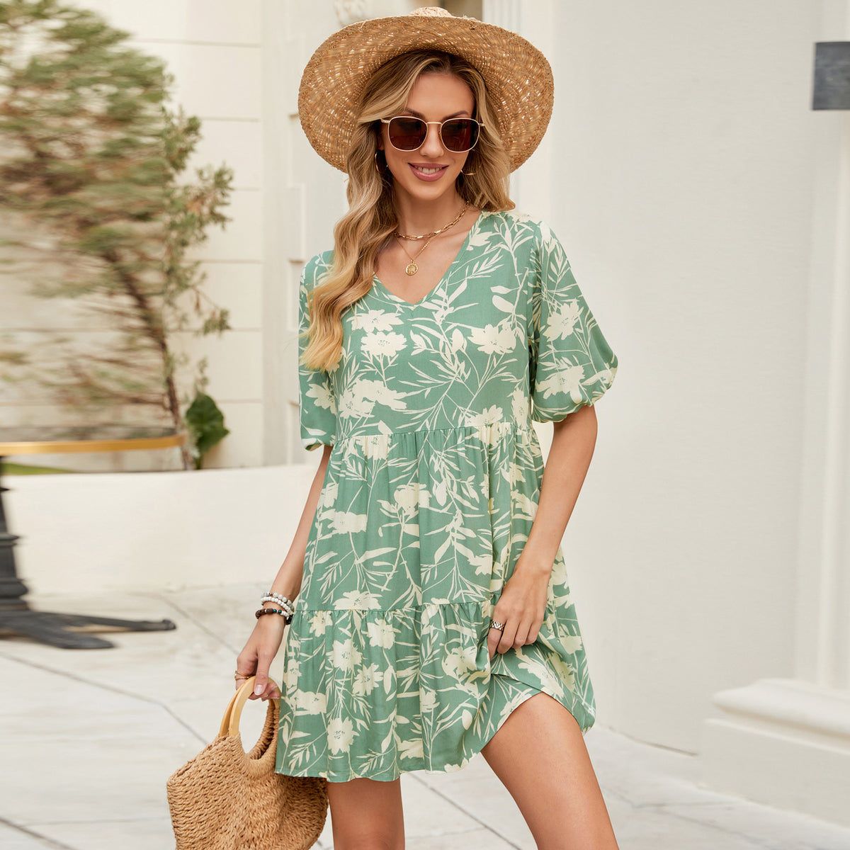 Real Shot Rayon Printed V-Neck Loose Big Hem Short Sleeve Holiday Dress