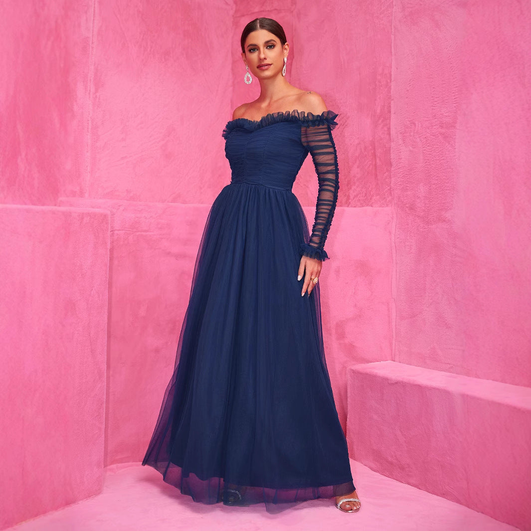 Off-Shoulder Lace Chiffon Maxi Dress