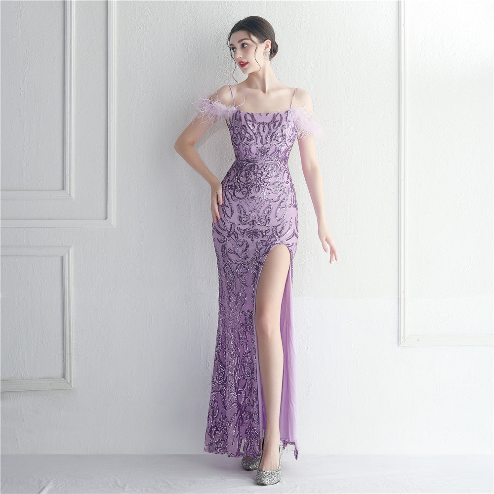 Women's Floral Sequin Wool Binding Strappy Dress Long