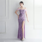 Women's Floral Sequin Wool Binding Strappy Dress Long