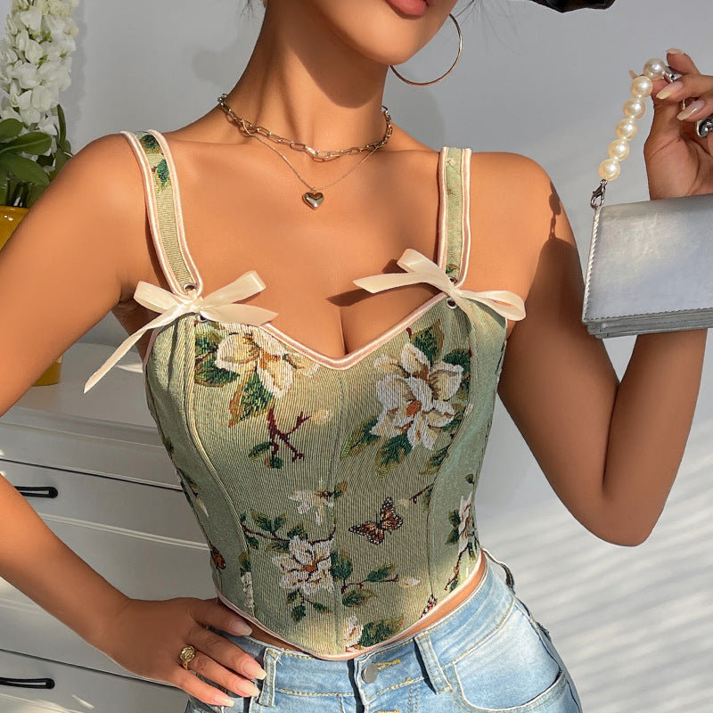 French Floral Bow Strap Corset Top