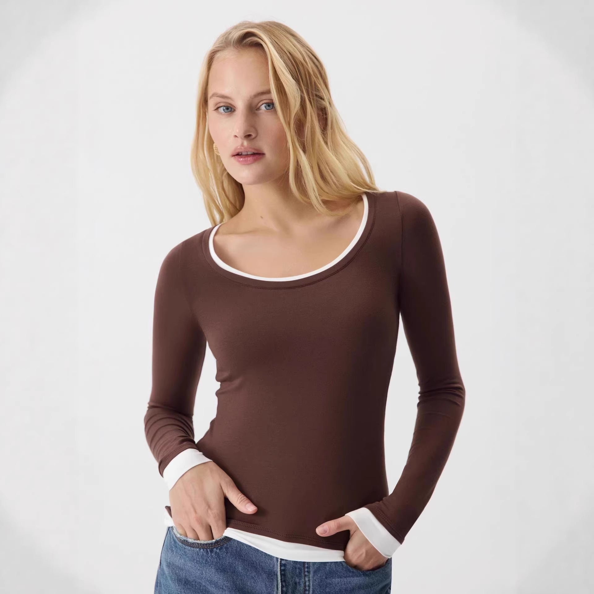Women’s Gray Color Block Knit Long Sleeve Top