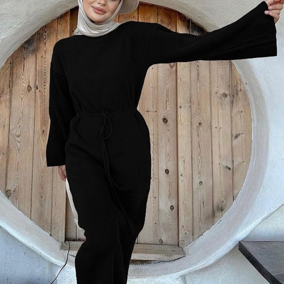 Belted Ribbed Long-Sleeve Knit Maxi Dress