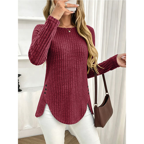 Women ribbed long-sleeve top with round neck, burgundy knit and side button detail
