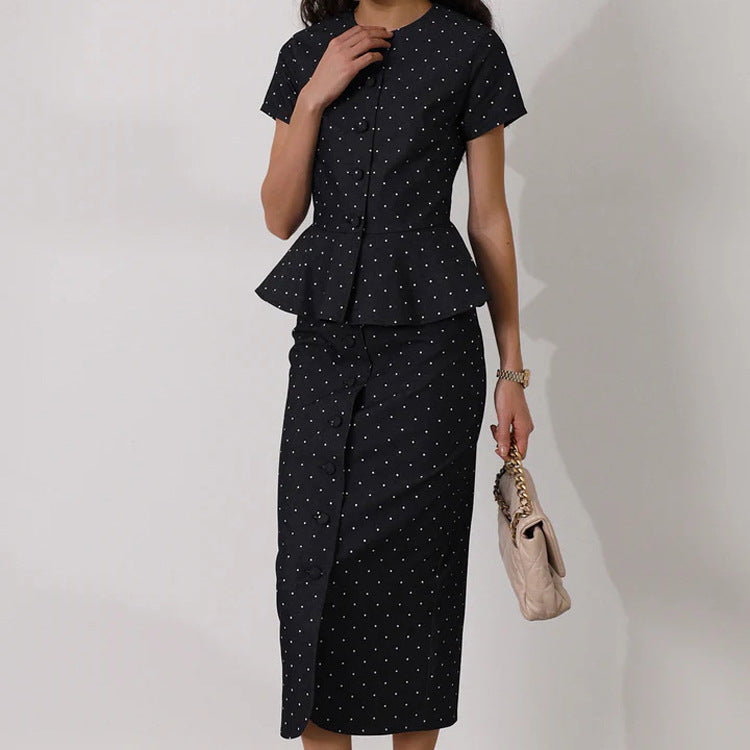 Polka-Dot Cardigan Top & Hip Skirt Set