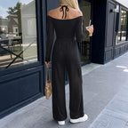Korean Loose Chi Black off Shoulder Halterneck Long Sleeved Jumpsuit