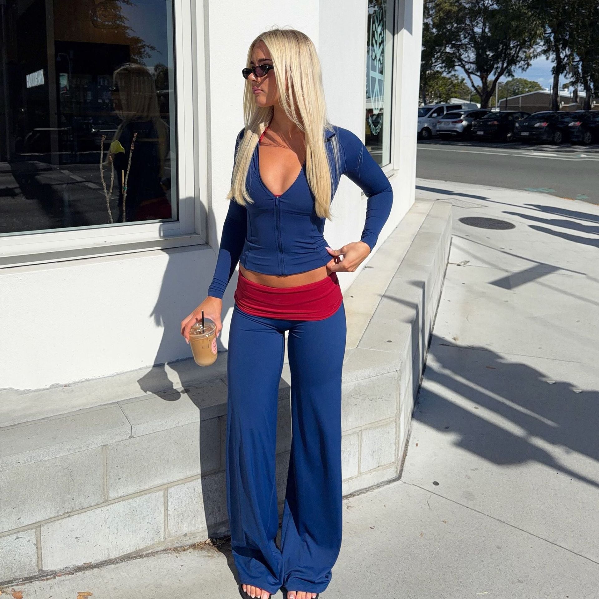 Women's Color-Block Zip Top & Wide-Leg Pants Set