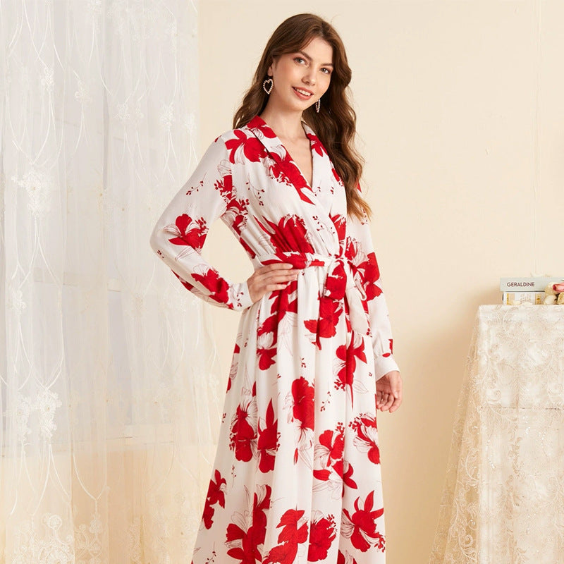 Women's V-Neck Floral Belted Long-Sleeve Maxi Dress
