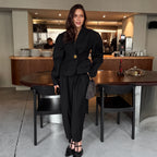 Casual Retro Long-Sleeve One Button Black Top Work Pant Two-Piece Set