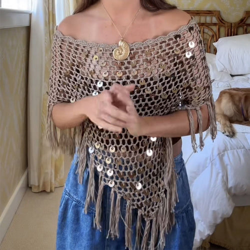 Khaki crocheted sequin blouse with off-shoulder neckline and long tassel fringe