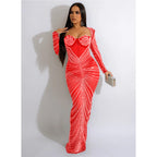 Women's Autumn Winter Women Clothing Sexy Mesh Rhinestone Long Sleeve Maxi Dress Women