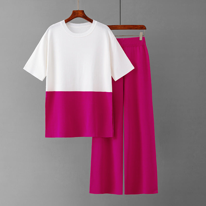 Casual Summer Loose Slimming Color Matching Short-Sleeve Wide Leg Pants Two-Piece Set