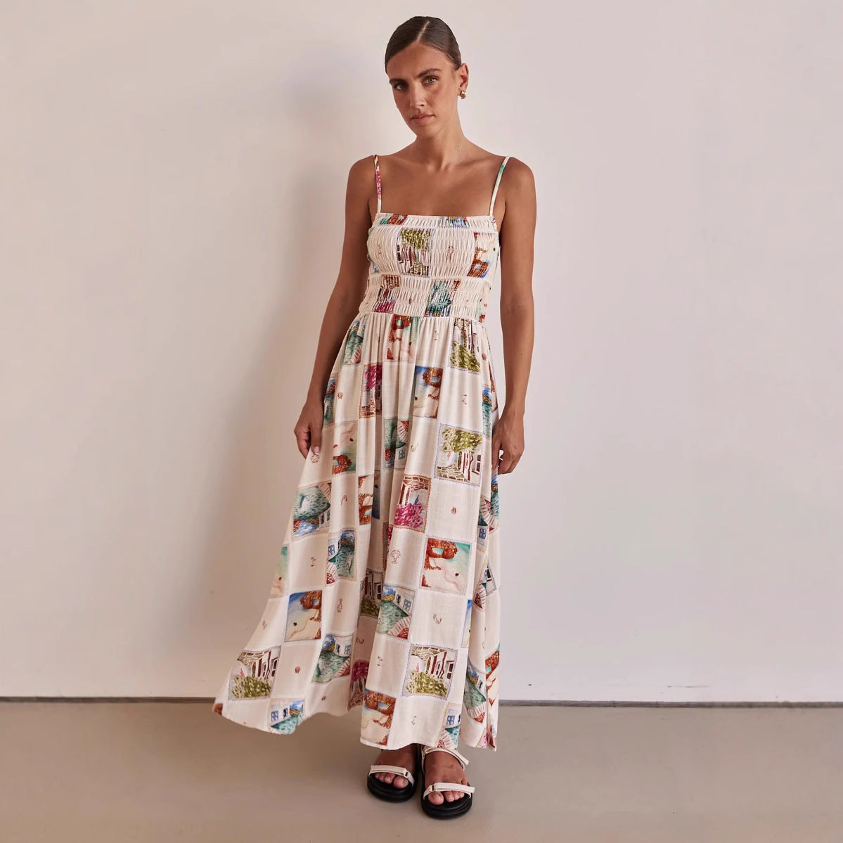 Women's Long Spaghetti Strap Floral Print Maxi Dress