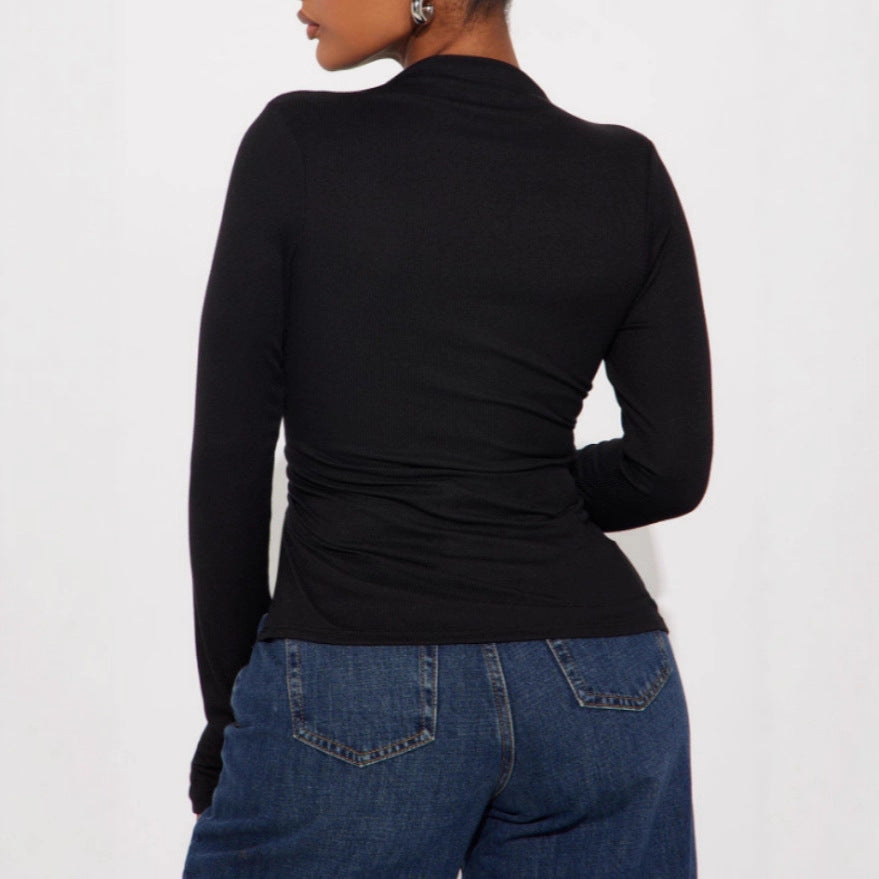 Women's Asymmetric Split Long Sleeve Turtleneck Top