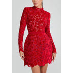 Women's Crew-Neck Lace-Trim Zip Long-Sleeve Mini Dress