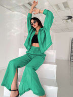 Commuting Spring Summer Polo Collar Shirt Top Split Wide Leg Pants Casual Two-Piece Set