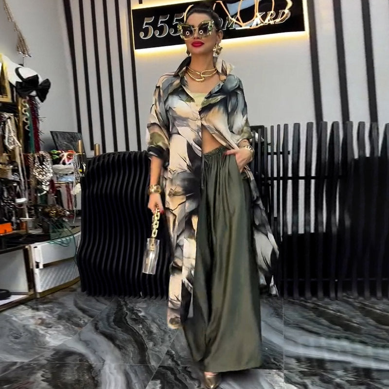 Personalized Printed Loose Cardigan Top Wide Leg Pants Two Piece Sets