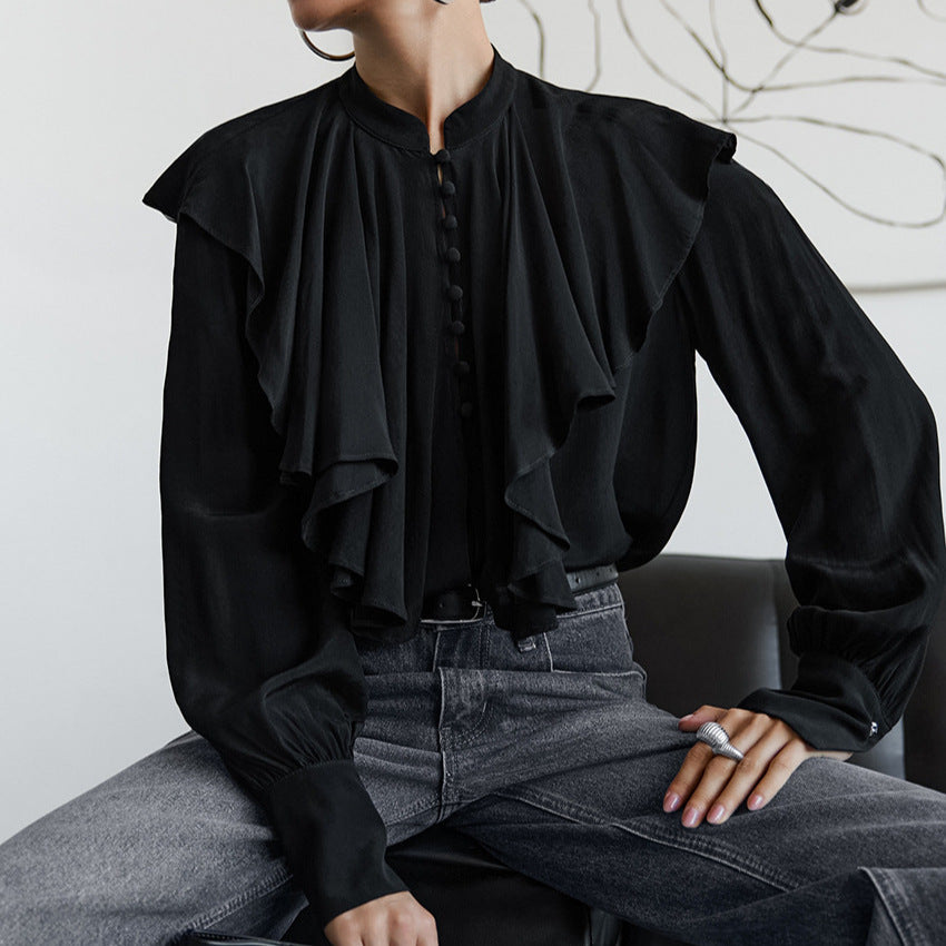 Women's Court French Ruffled Stand Collar Single Breasted Long Sleeve Shirt Women French Lantern Sleeve Loose Solid Color Top