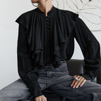 Women's Court French Ruffled Stand Collar Single Breasted Long Sleeve Shirt Women French Lantern Sleeve Loose Solid Color Top