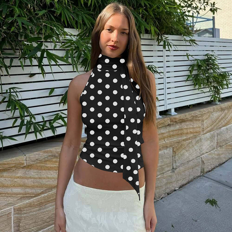 Women's Clothing Summer Lace Up Halterneck Sleeveless T Shirt Sexy Polka Dot Printed Top Wild Vest