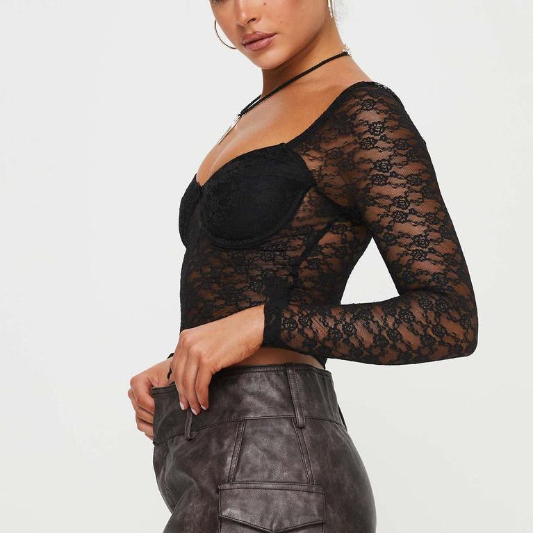Women’s Black Sheer Lace V Neck Crop Top