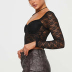 Women’s Black Sheer Lace V Neck Crop Top