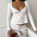 Women's Sexy Lace V Neck Long Sleeve Top Women Autumn Winter Waist Trimming Ruffles Slimming Bottoming Shirt