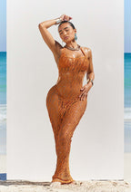 Orange halter mesh bodycon dress with cutout lattice pattern and snug maxi fit