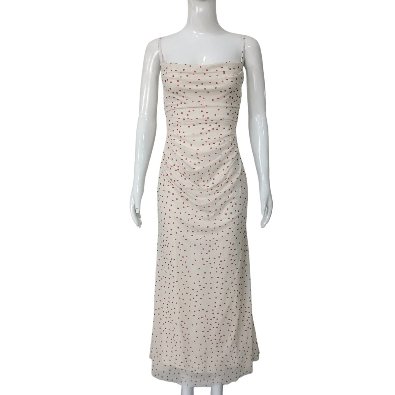Cream dot-print slip dress with spaghetti straps and ruched bust