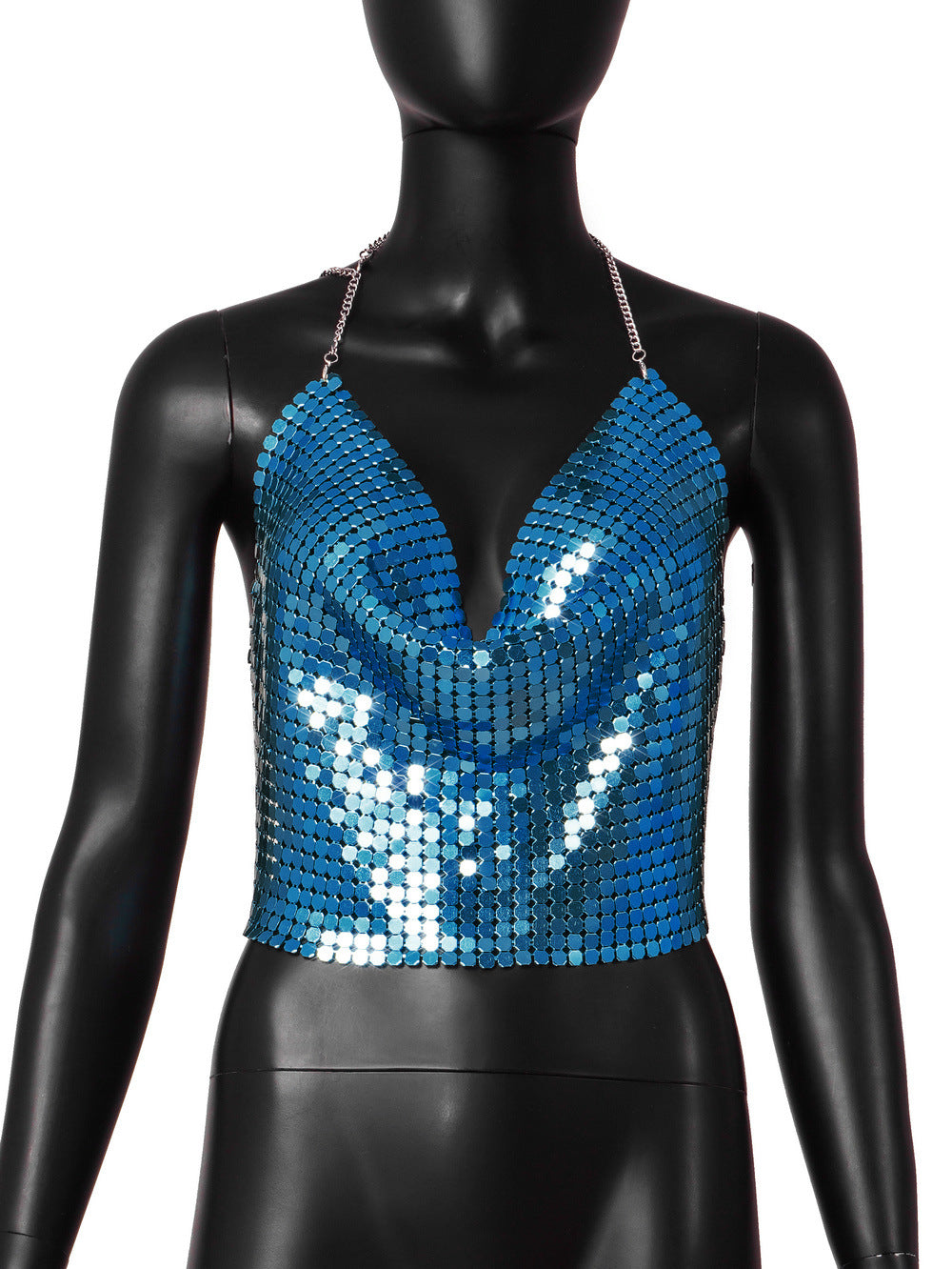 Low Cut Backless Metal Sequ Chain Strap Deep V Plunge Cropped