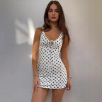 Polka Dot Print Dress Cinched Short Slim Fit V neck Brace