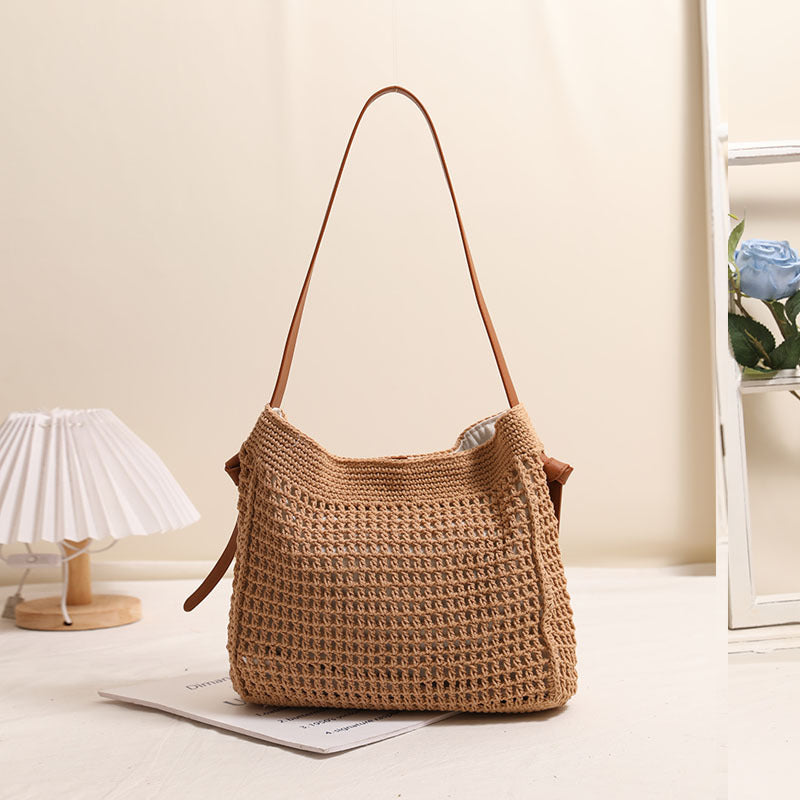 Square Shoulder Cotton Thread Woven Bag Hollow Out Cutout Shopping Bag