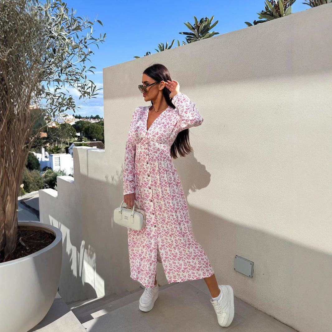 Women's V-Neck Floral Smocked Long-Sleeve A-Line Maxi Dress
