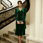 Women's Velvet V-Neck Pleated Wrap Midi Dress