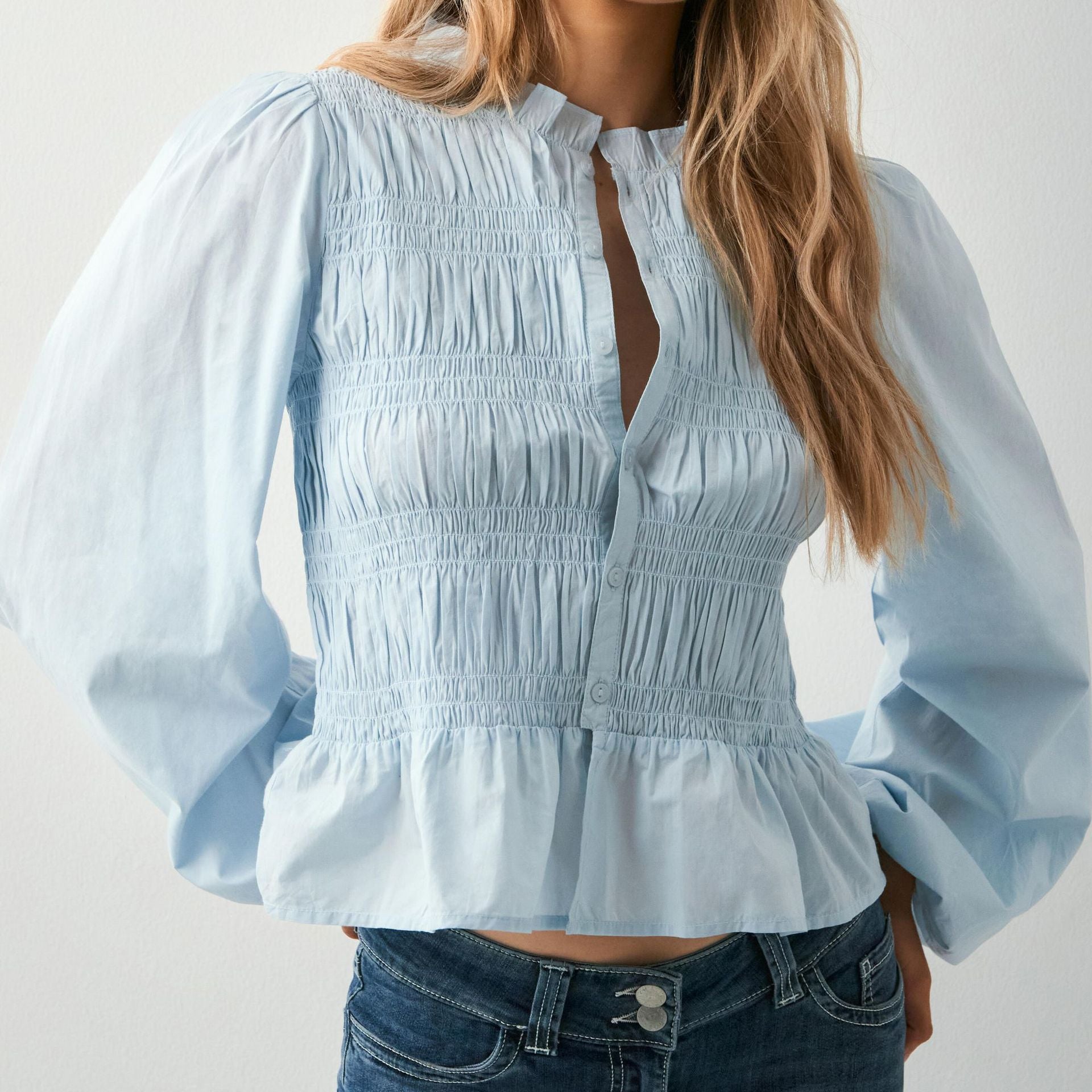 Button Front Puff Sleeve Slim Fit Cardigan Top