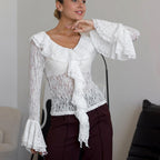 Women's French Lace Sheer Cutout Long Sleeve Top