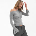 Women's One-Shoulder Slit Long Sleeve Crop Top