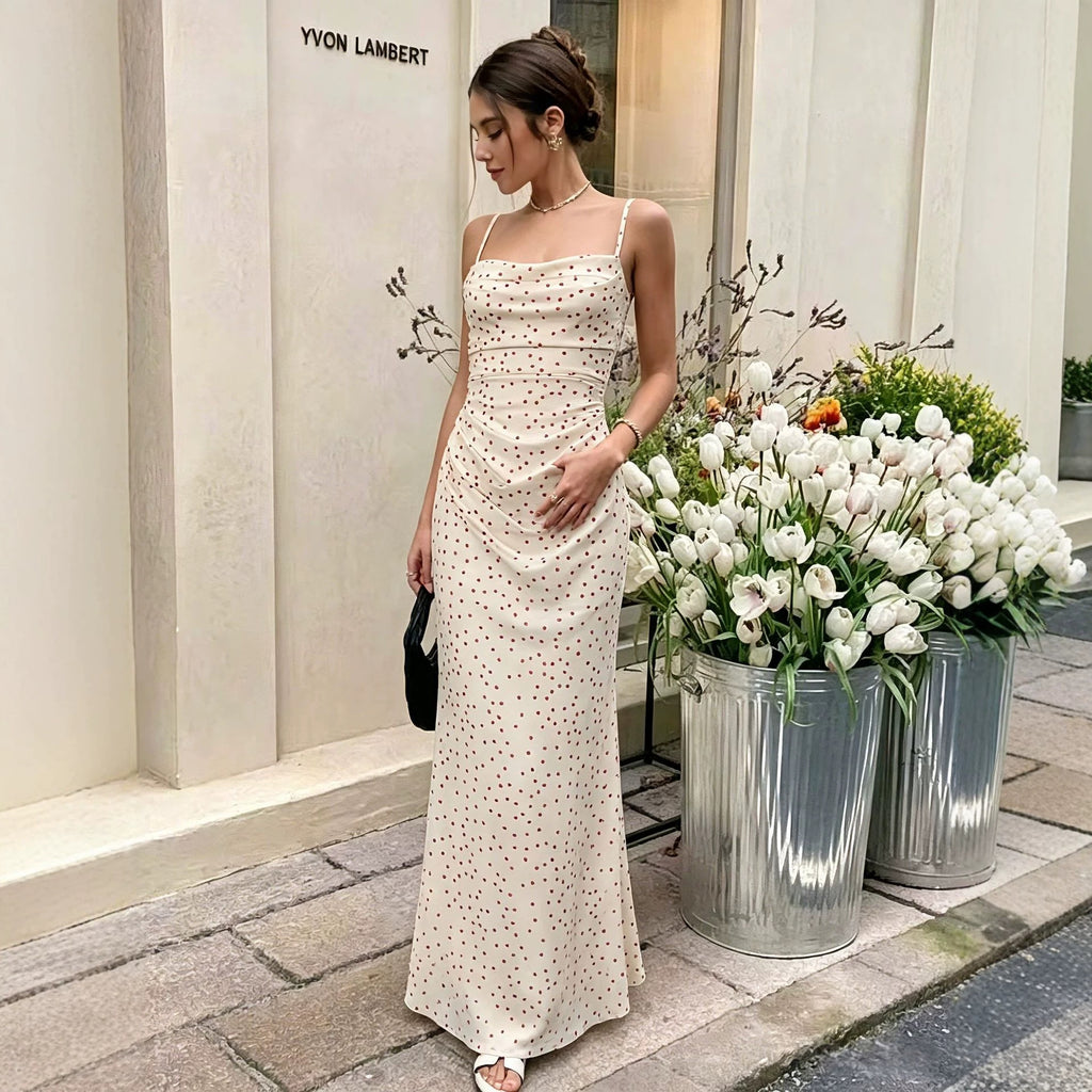 Spaghetti-strap long slip dress with dot print and ruched bodice