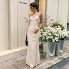Spaghetti-strap long slip dress with dot print and ruched bodice