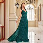 Women's V-Neck Sequin Backless A-Line Maxi Dress