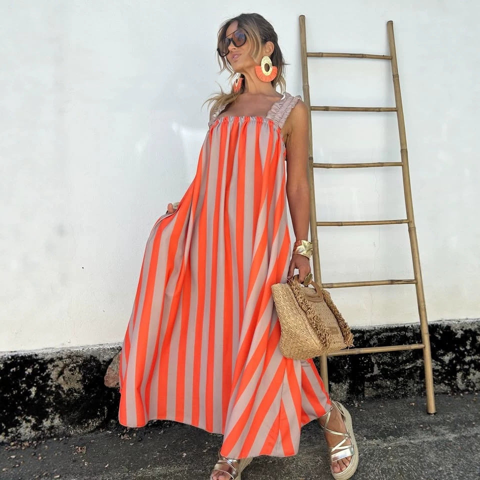 Women's Striped Ruffle-Trim Spaghetti-Strap Maxi Dress