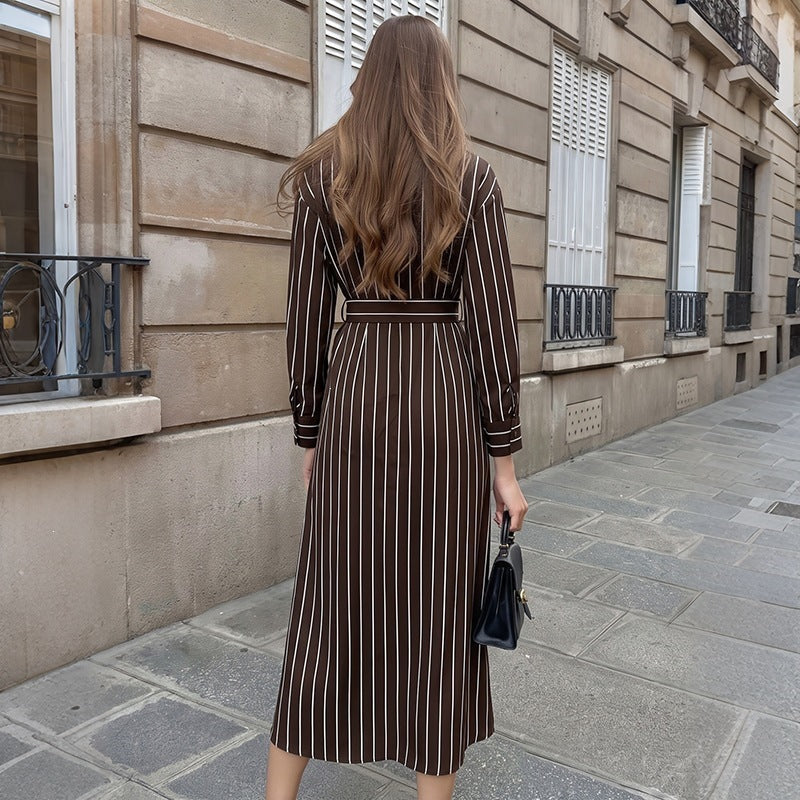 Lazy Elegant Collared Vertical Striped Shirt Mid Length Dress