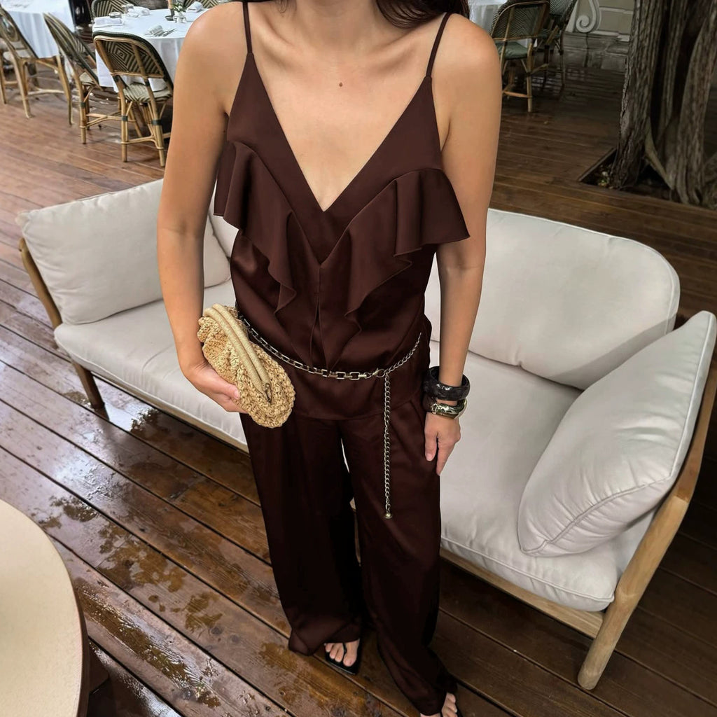 Design Retro Brown Draping Women Sleeveless Camisole Casual Wide Leg Pants Two Piece Sets